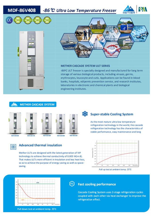 408 Liters stainless steel Ultra Low Temperature Fridge Freezer for
